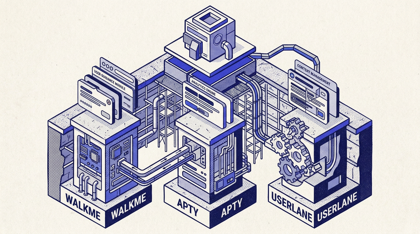 Technical architectural comparison diagram between WalkMe, Apty, and Userlane
